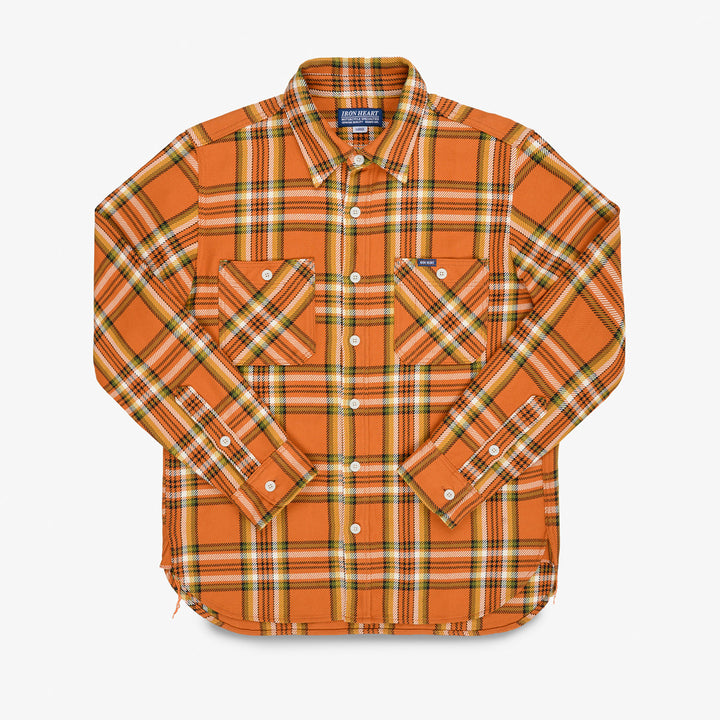 Iron Heart 9oz Selvedge Flannel Check Work Shirt - Orange
