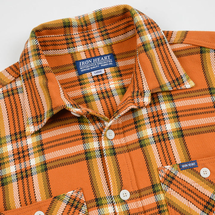 Iron Heart 9oz Selvedge Flannel Check Work Shirt - Orange