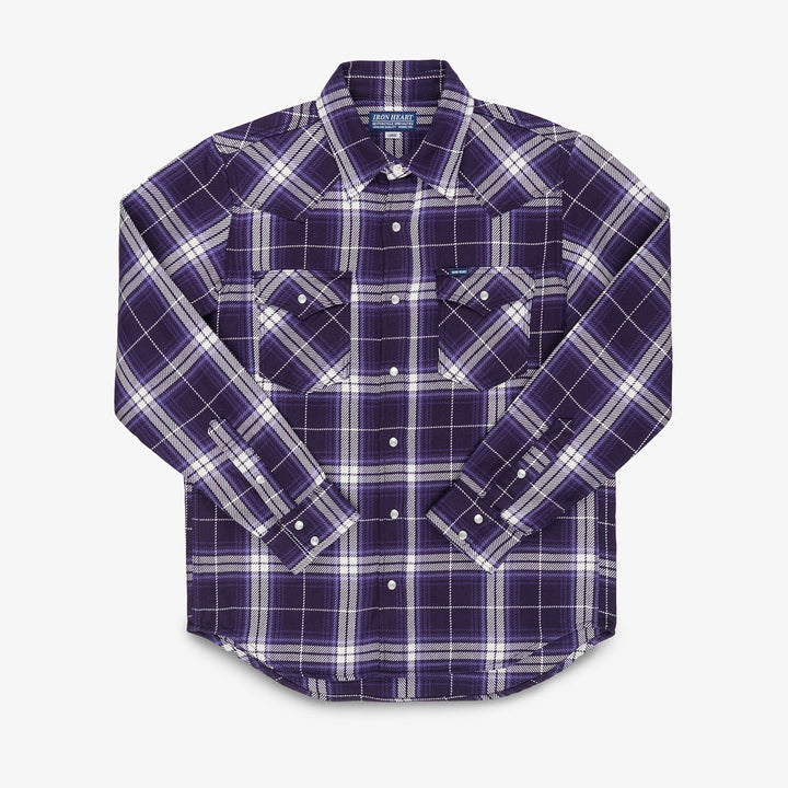 Iron Heart 9oz Selvedge Flannel Western Shirt - Purple Check