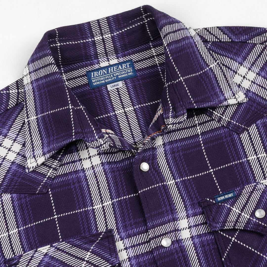Iron Heart 9oz Selvedge Flannel Western Shirt - Purple Check