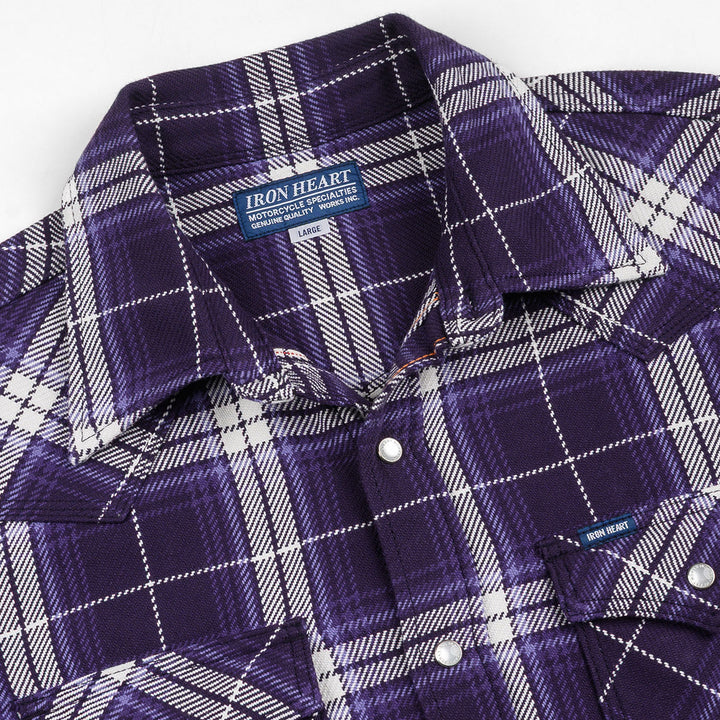 Iron Heart 9oz Selvedge Flannel Western Shirt - Purple Check