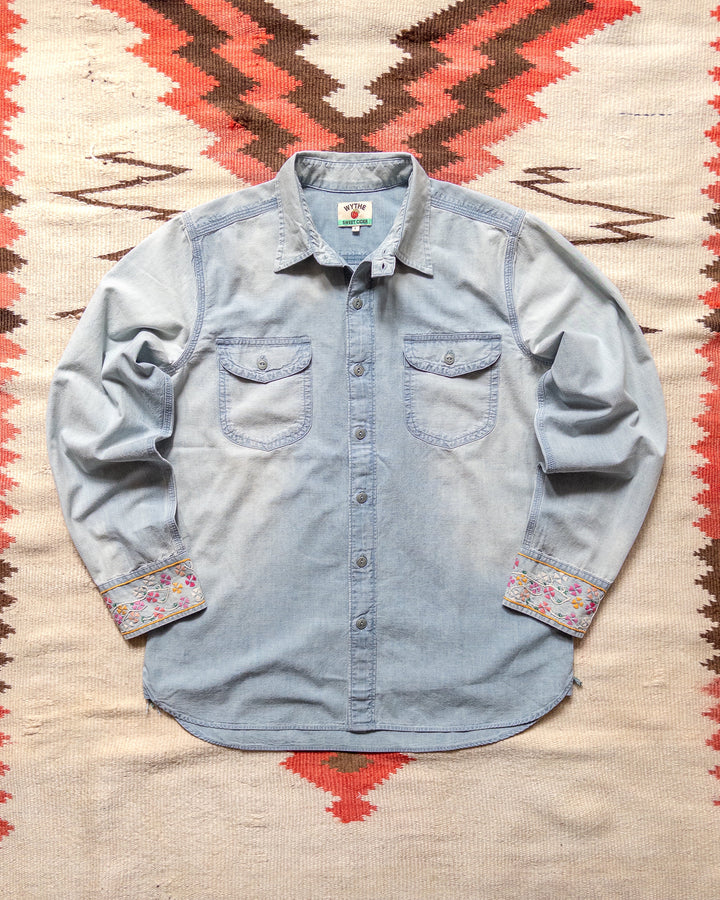 Wythe Embroidered Chambray Workshirt - Distressed and Sunfaded Indigo