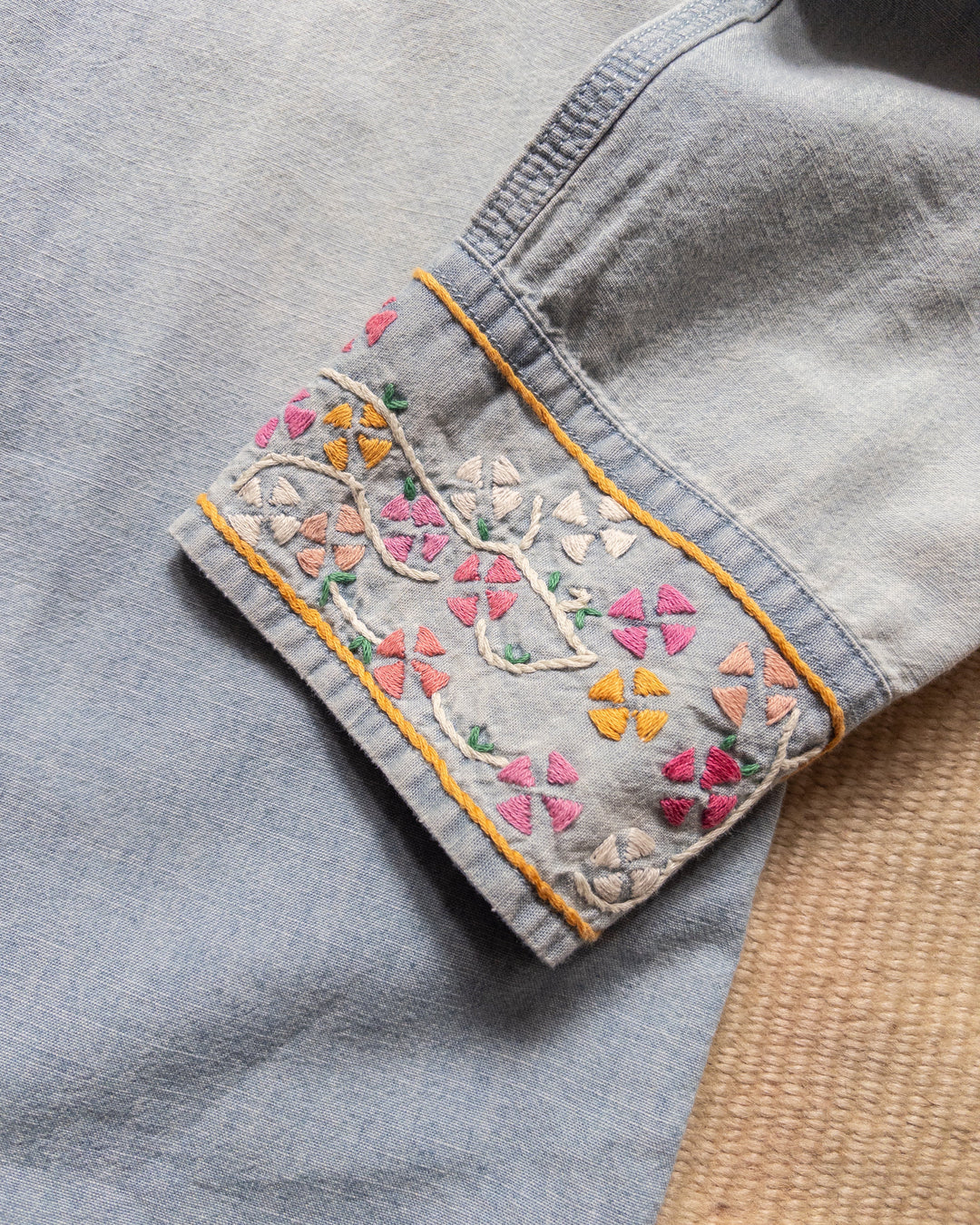 Wythe Embroidered Chambray Workshirt - Distressed and Sunfaded Indigo