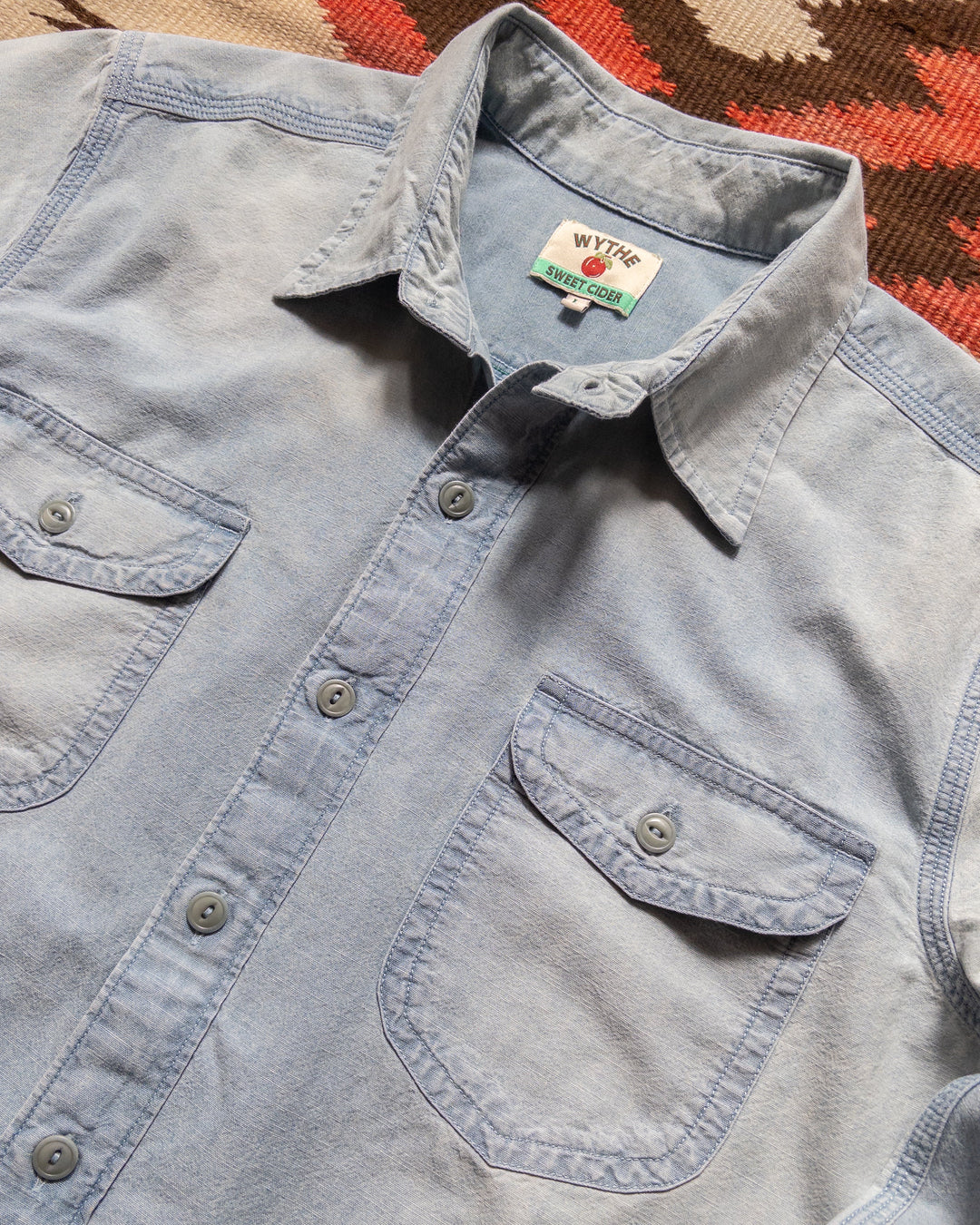 Wythe Embroidered Chambray Workshirt - Distressed and Sunfaded Indigo