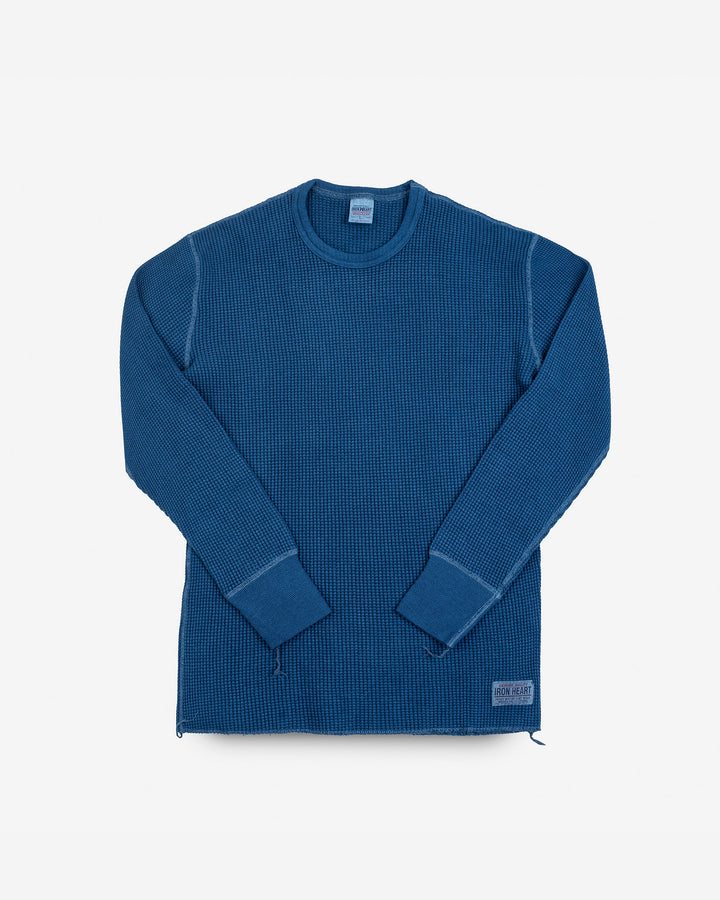 Iron Heart Waffle Knit Long Sleeved Crew Neck Thermal Top - Indigo Dyed