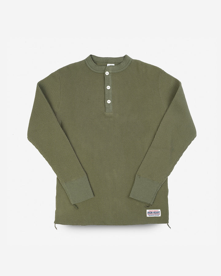 Iron Heart - Waffle Knit Long Sleeved Thermal Henley - Olive
