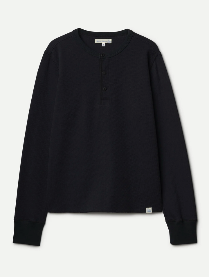 Merz b. Schwanen Diamond-Patterned Cotton Thermal Henley- Deep Black