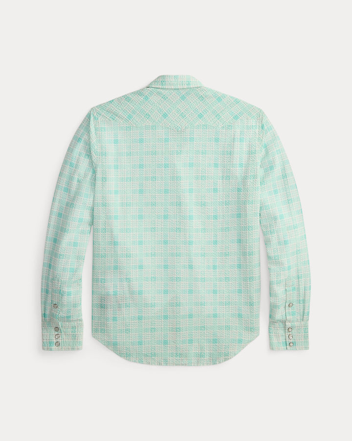 RRL - Slim Fit Seersucker Western Shirt in Turquoise