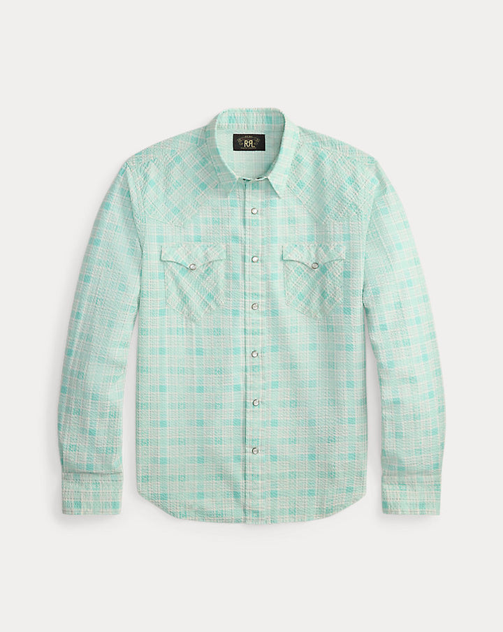 RRL - Slim Fit Seersucker Western Shirt in Turquoise